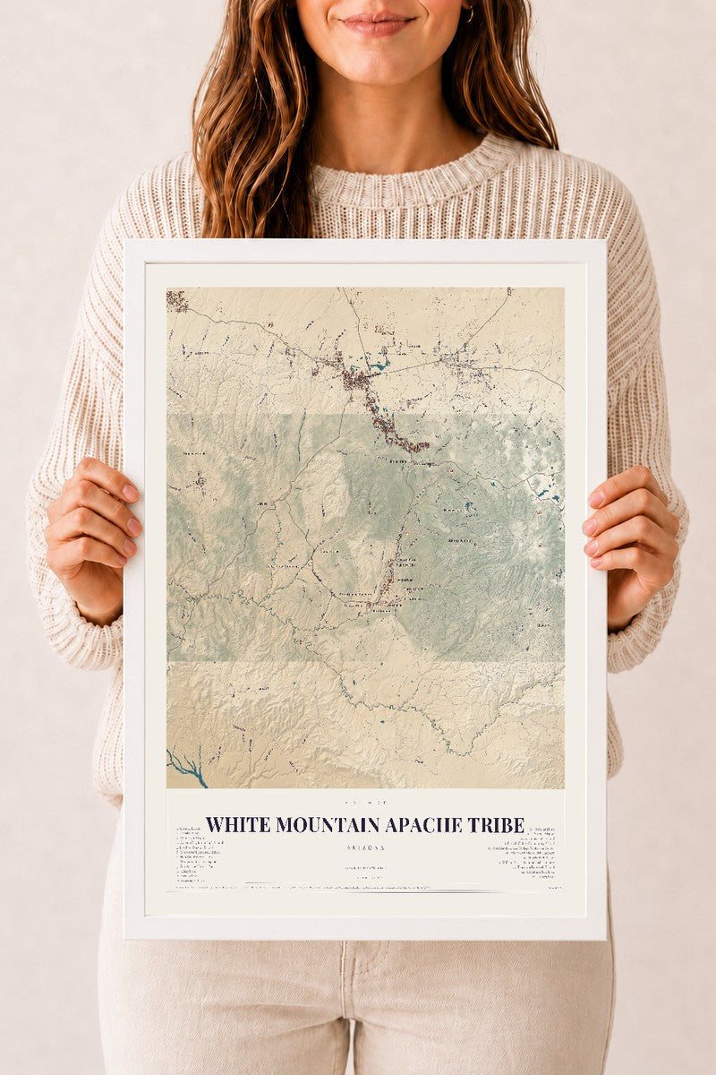 White Mountain Apache Tribe, Arizona map print, 12" x 18", W/ White Ayous Wood Frame