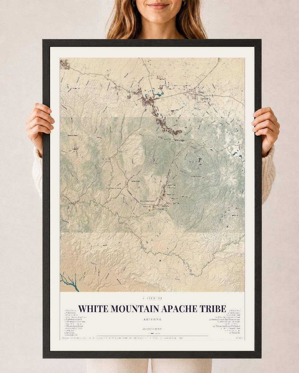 White Mountain Apache Tribe, Arizona map print, 24" x 36", W/ Black Ayous Wood Frame