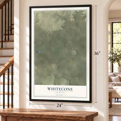 Whitecone, Arizona map, 24 x 36 inch print in a black frame by a staircase
