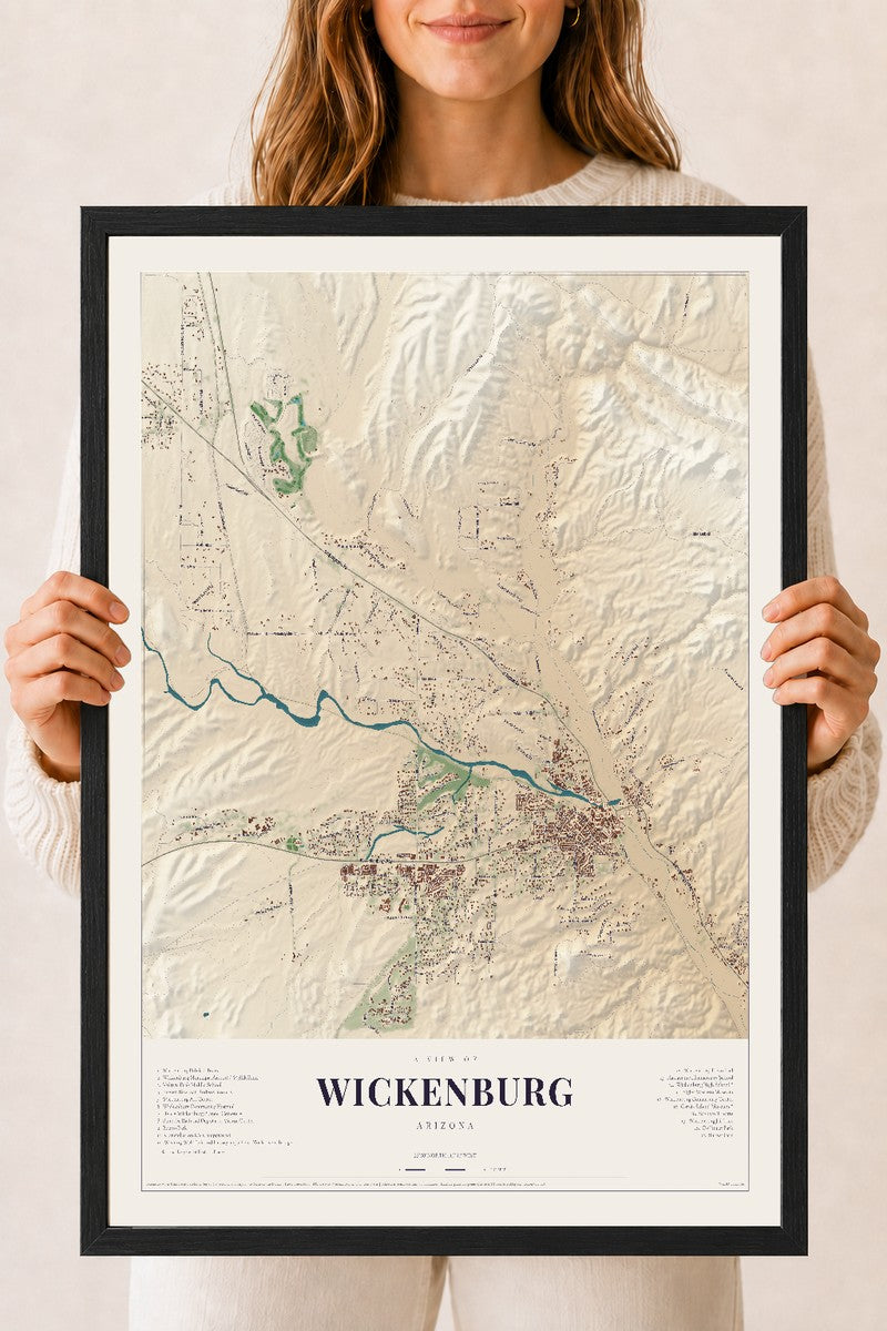 Wickenburg, Arizona map print, 18" x 24", W/ Black Ayous Wood Frame