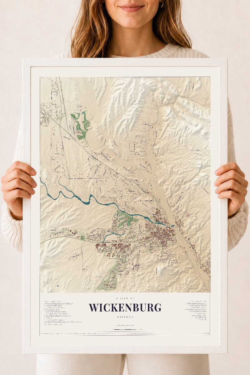 Wickenburg, Arizona map print, 18" x 24", W/ White Ayous Wood Frame