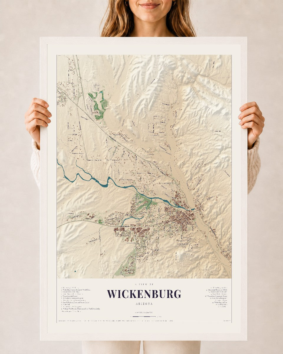 Wickenburg, Arizona map print, 24" x 36", W/ White Ayous Wood Frame