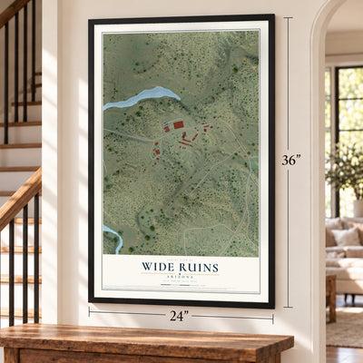 Wide Ruins, Arizona map, 24 x 36 inch print in a black frame by a staircase