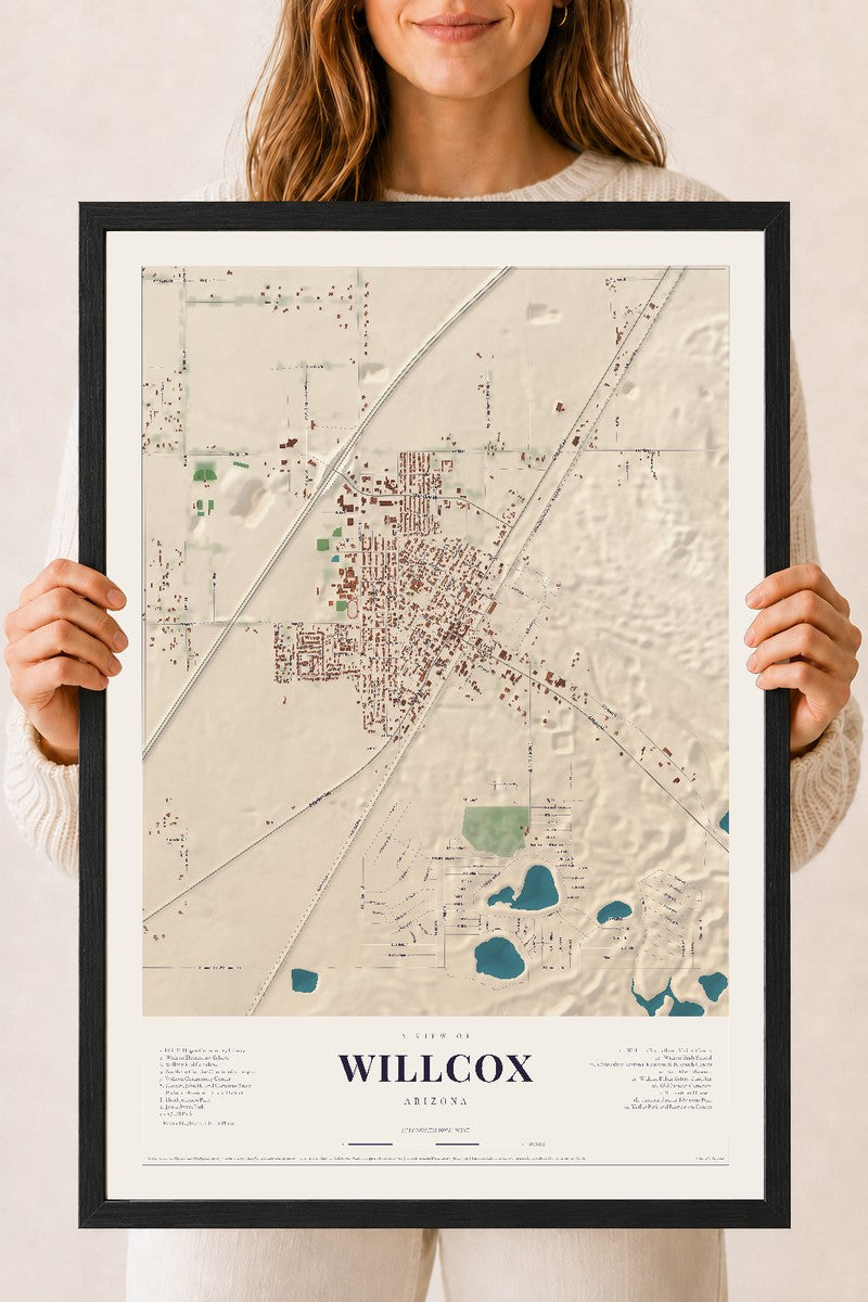 Willcox, Arizona map print, 18" x 24", W/ Black Ayous Wood Frame
