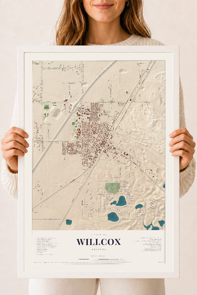 Willcox, Arizona map print, 18" x 24", W/ White Ayous Wood Frame