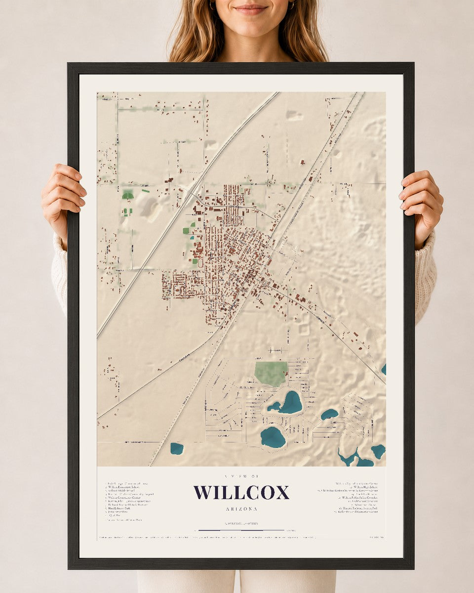 Willcox, Arizona map print, 24" x 36", W/ Black Ayous Wood Frame