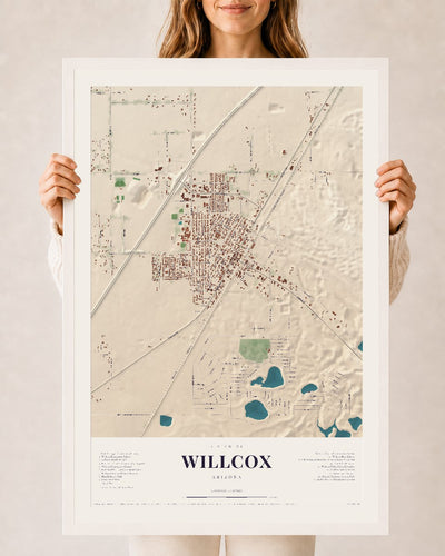 Willcox, Arizona map print, 24" x 36", W/ White Ayous Wood Frame