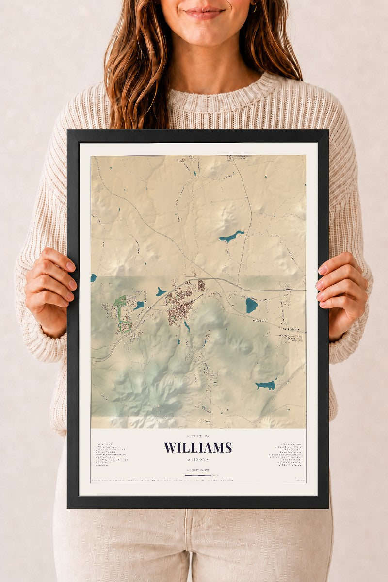 Williams, Arizona map print, 12" x 18", W/ Black Ayous Wood Frame