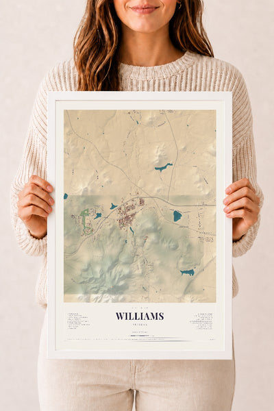 Williams, Arizona map print, 12" x 18", W/ White Ayous Wood Frame