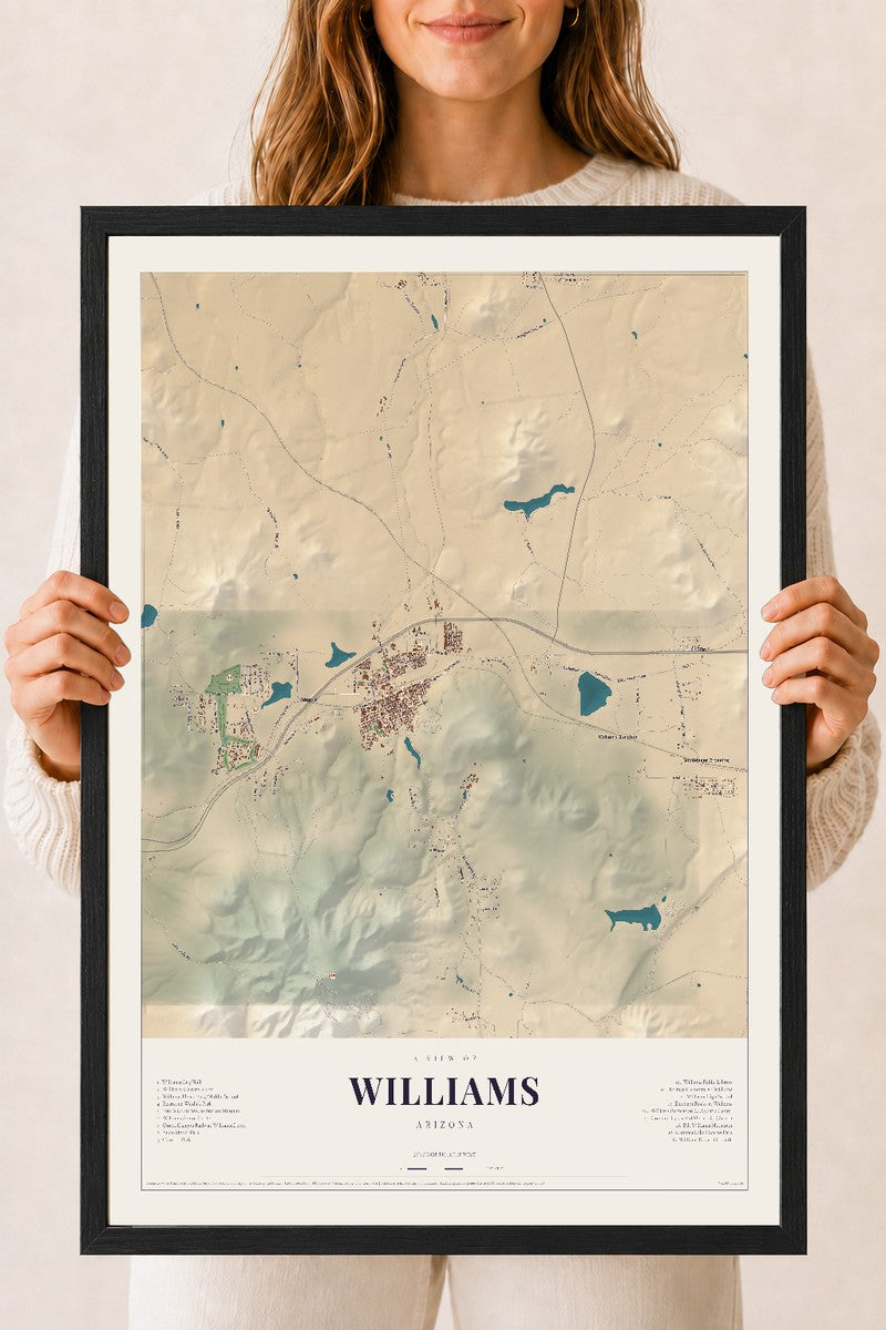 Williams, Arizona map print, 18" x 24", W/ Black Ayous Wood Frame