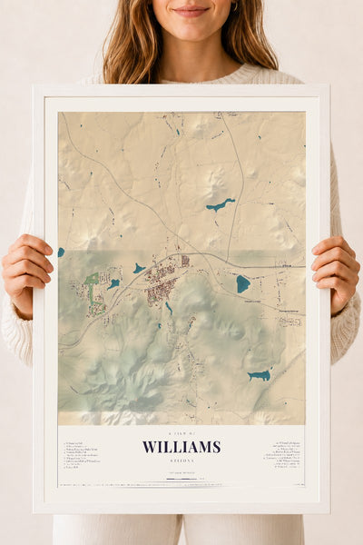 Williams, Arizona map print, 18" x 24", W/ White Ayous Wood Frame