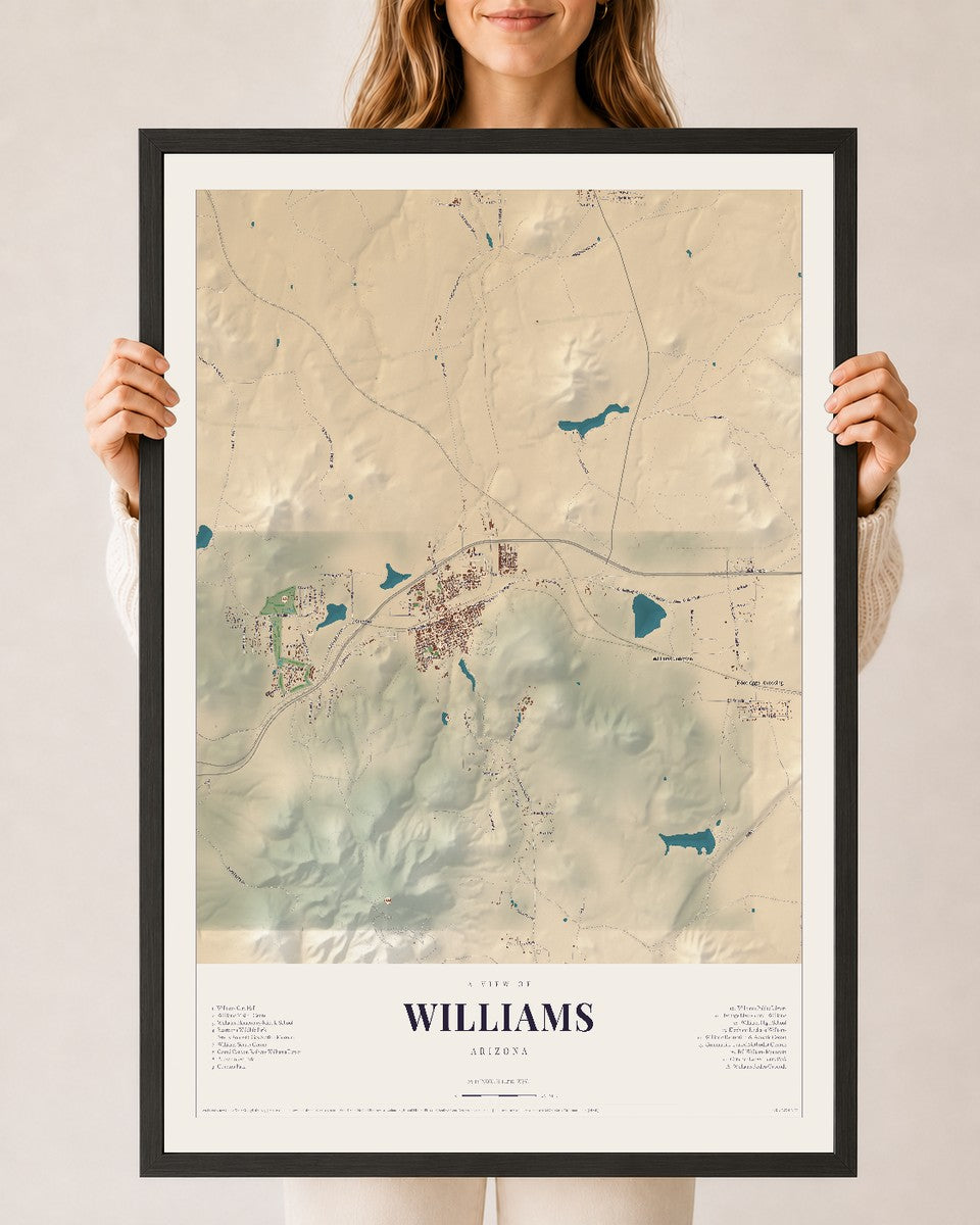 Williams, Arizona map print, 24" x 36", W/ Black Ayous Wood Frame