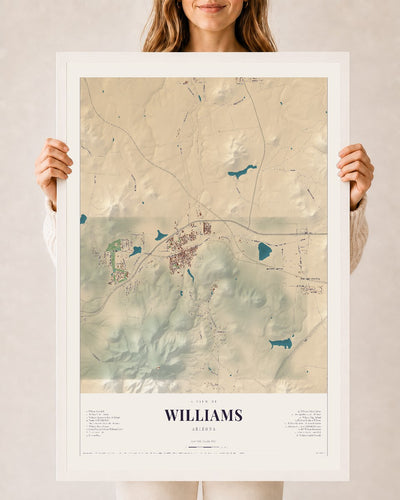 Williams, Arizona map print, 24" x 36", W/ White Ayous Wood Frame