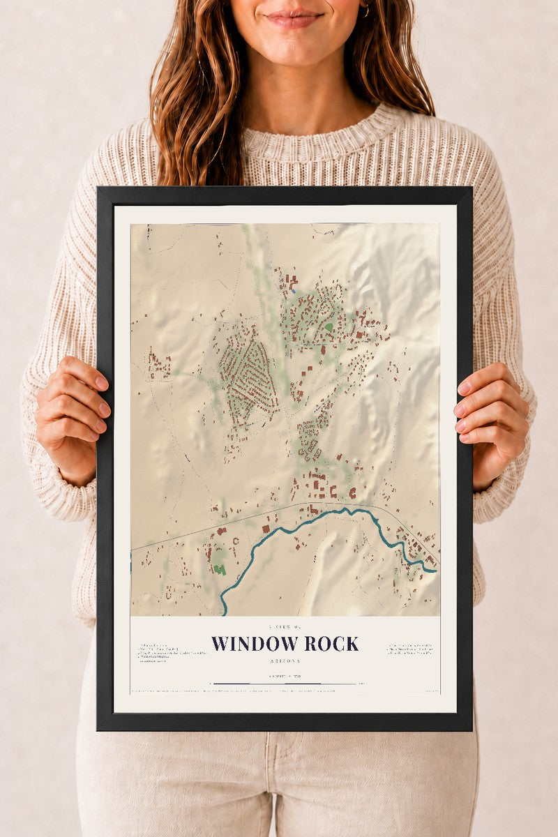Window Rock, Arizona map print, 12" x 18", W/ Black Ayous Wood Frame