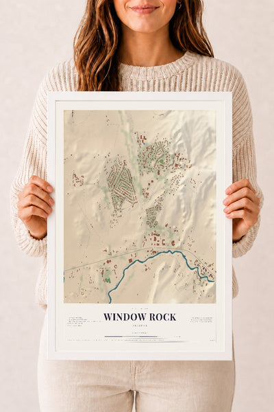 Window Rock, Arizona map print, 12" x 18", W/ White Ayous Wood Frame