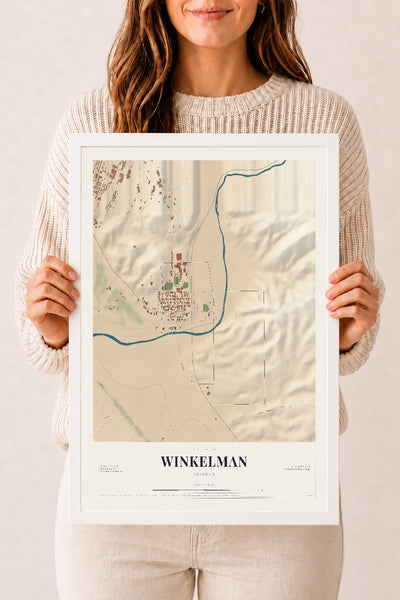 Winkelman, Arizona map print, 12" x 18", W/ White Ayous Wood Frame
