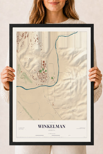 Winkelman, Arizona map print, 18" x 24", W/ Black Ayous Wood Frame