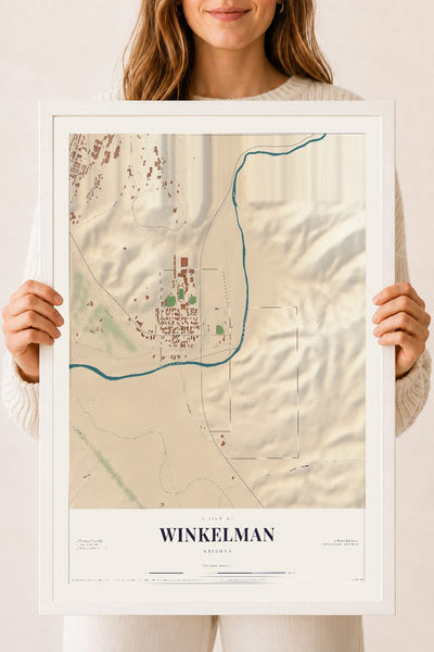 Winkelman, Arizona map print, 18" x 24", W/ White Ayous Wood Frame