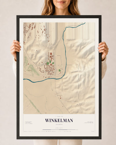 Winkelman, Arizona map print, 24" x 36", W/ Black Ayous Wood Frame