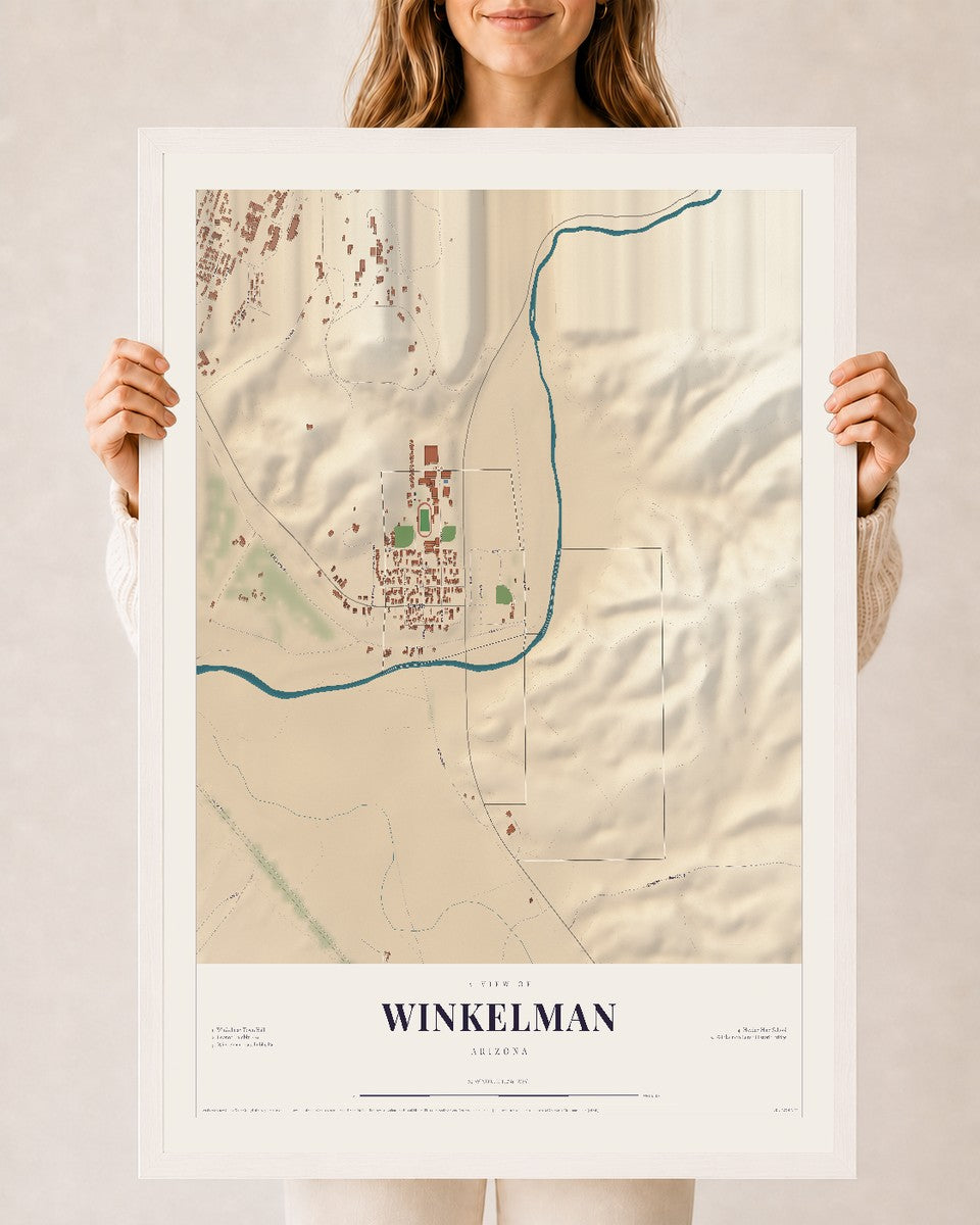 Winkelman, Arizona map print, 24" x 36", W/ White Ayous Wood Frame