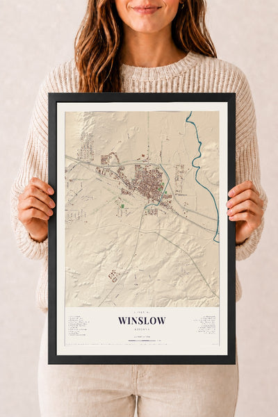 Winslow, Arizona map print, 12" x 18", W/ Black Ayous Wood Frame