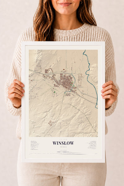 Winslow, Arizona map print, 12" x 18", W/ White Ayous Wood Frame