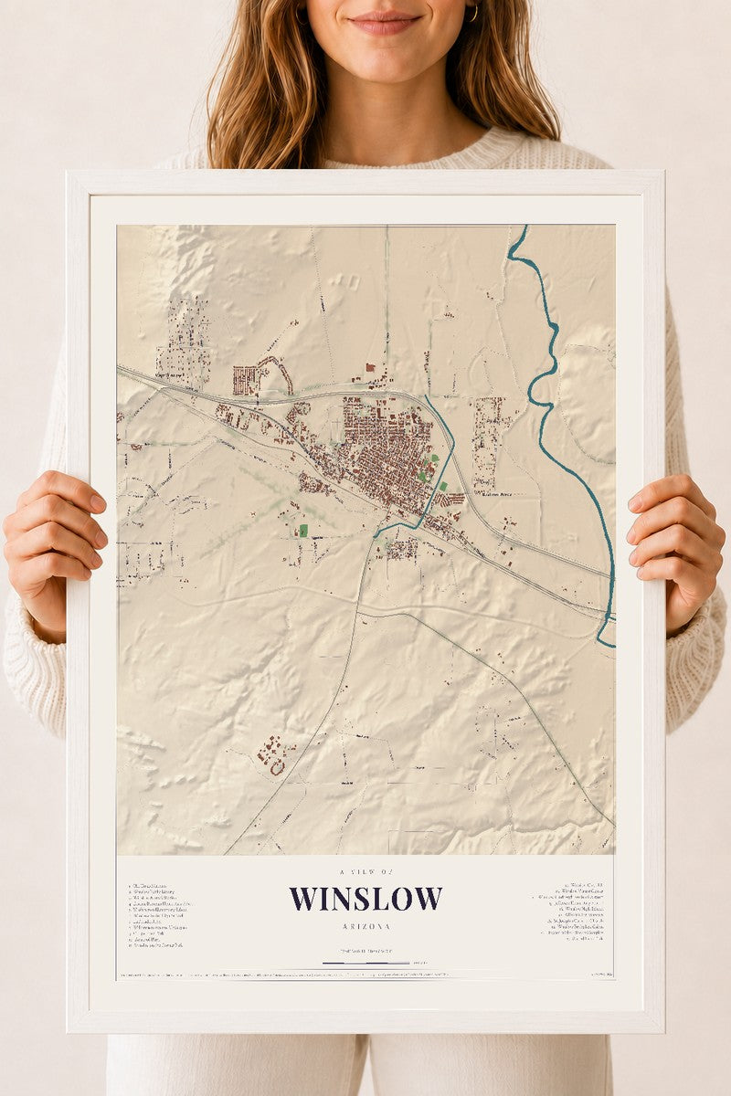 Winslow, Arizona map print, 18" x 24", W/ White Ayous Wood Frame