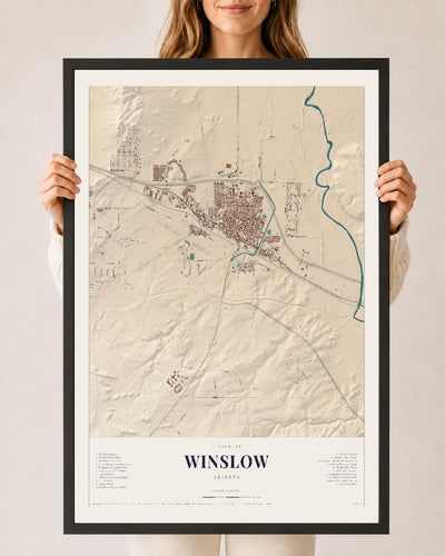 Winslow, Arizona map print, 24" x 36", W/ Black Ayous Wood Frame