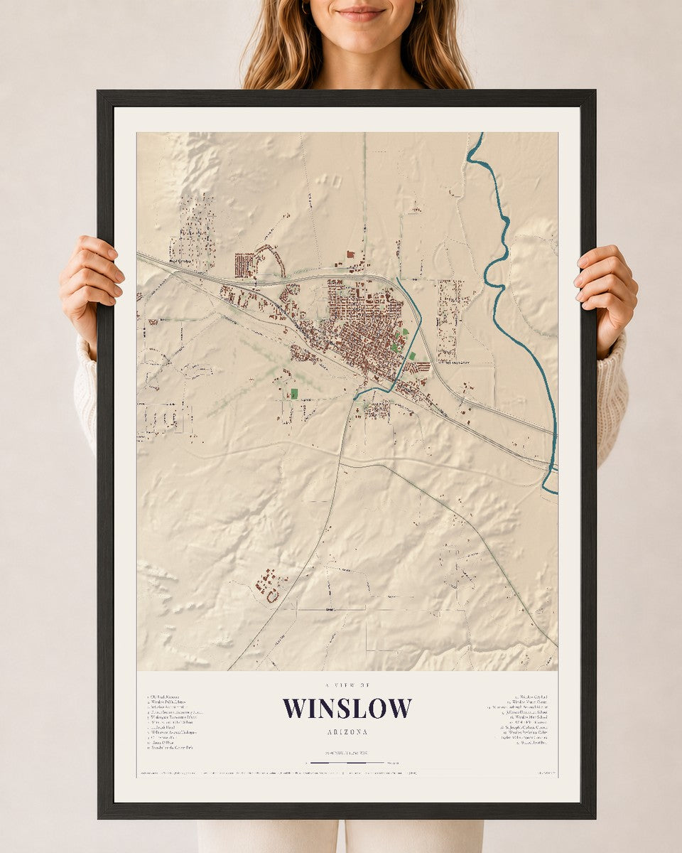 Winslow, Arizona map print, 24" x 36", W/ Black Ayous Wood Frame