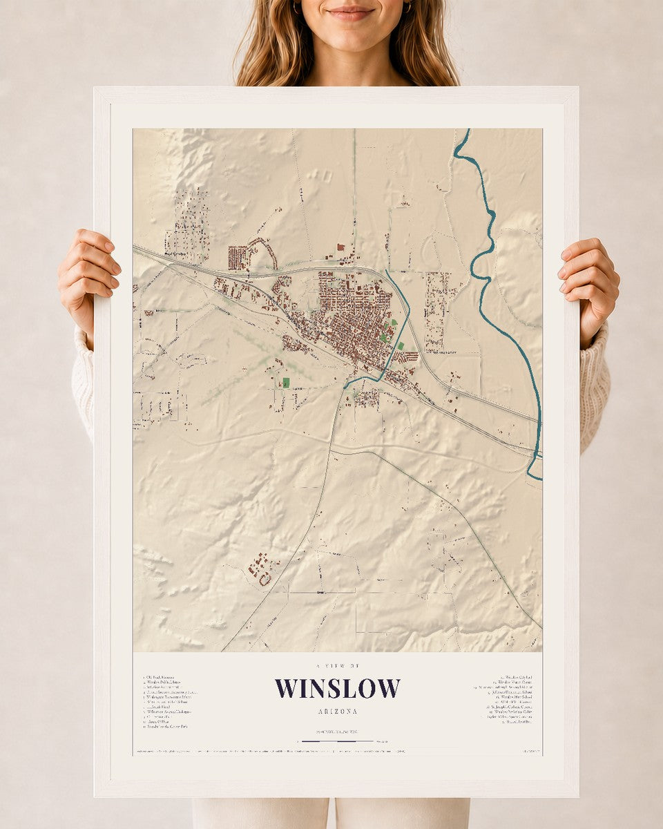 Winslow, Arizona map print, 24" x 36", W/ White Ayous Wood Frame