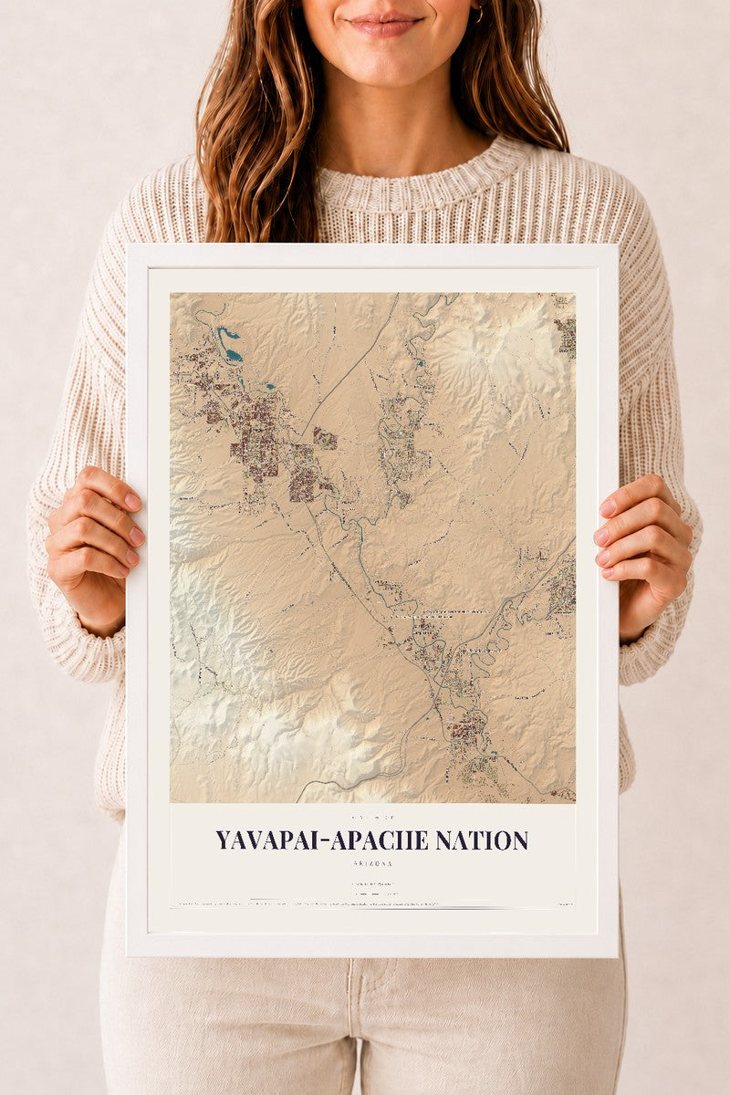 Yavapai-Apache Nation, Arizona map print, 12" x 18", W/ White Ayous Wood Frame