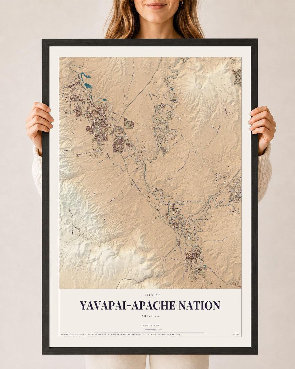Yavapai-Apache Nation, Arizona map print, 24" x 36", W/ Black Ayous Wood Frame