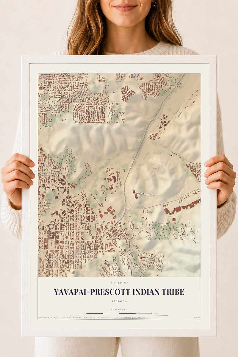 Yavapai-Prescott Indian Tribe, Arizona map print, 18" x 24", W/ White Ayous Wood Frame