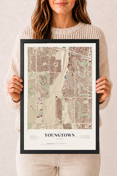 Youngtown, Arizona map print, 12" x 18", W/ Black Ayous Wood Frame