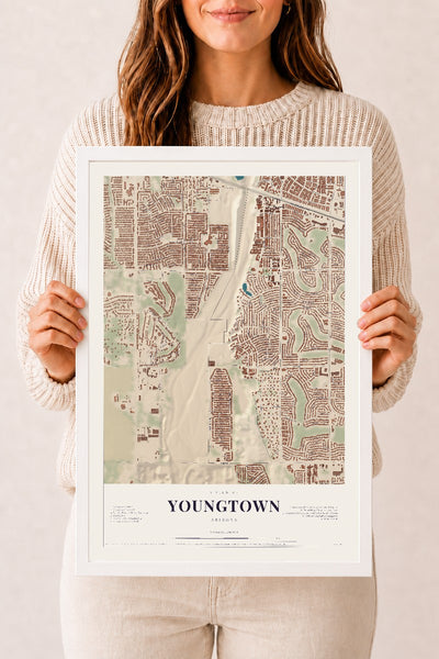 Youngtown, Arizona map print, 12" x 18", W/ White Ayous Wood Frame