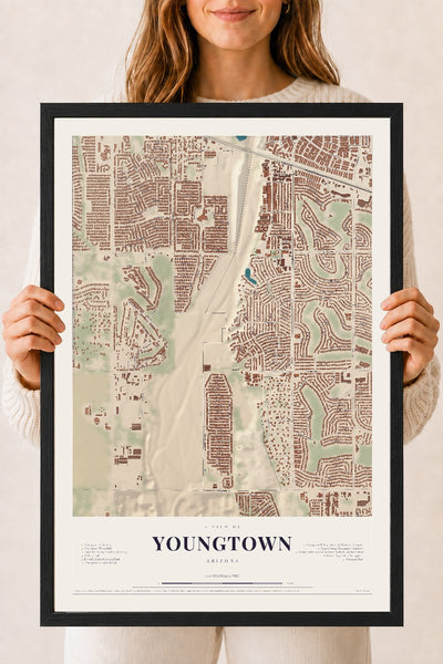 Youngtown, Arizona map print, 18" x 24", W/ Black Ayous Wood Frame