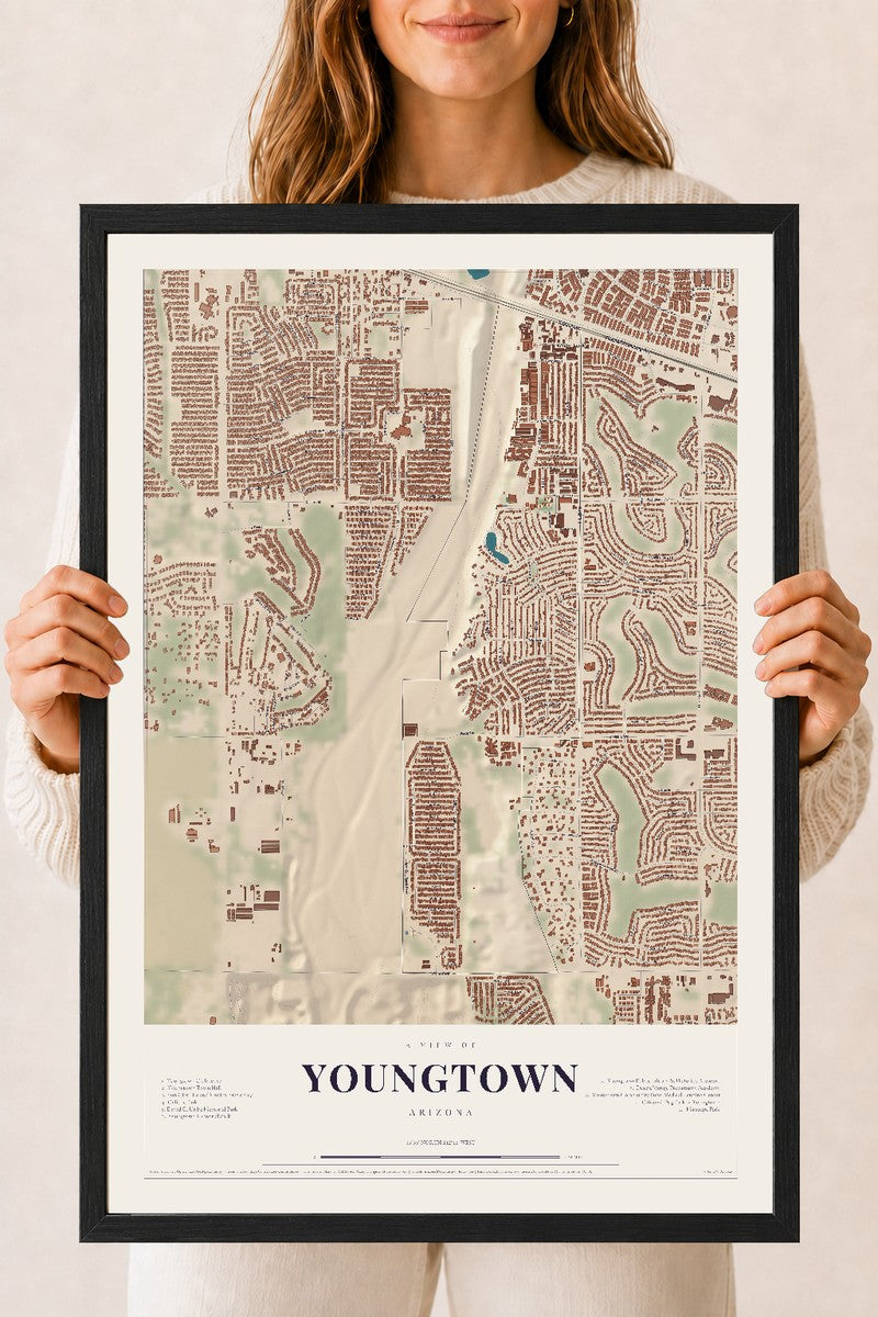Youngtown, Arizona map print, 18" x 24", W/ Black Ayous Wood Frame