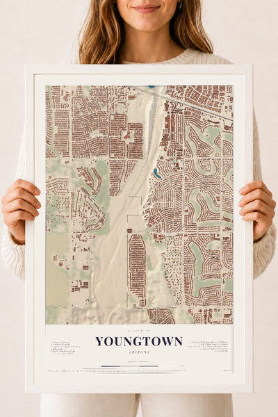 Youngtown, Arizona map print, 18" x 24", W/ White Ayous Wood Frame
