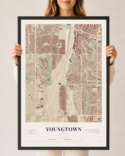 Youngtown, Arizona map print, 24" x 36", W/ Black Ayous Wood Frame