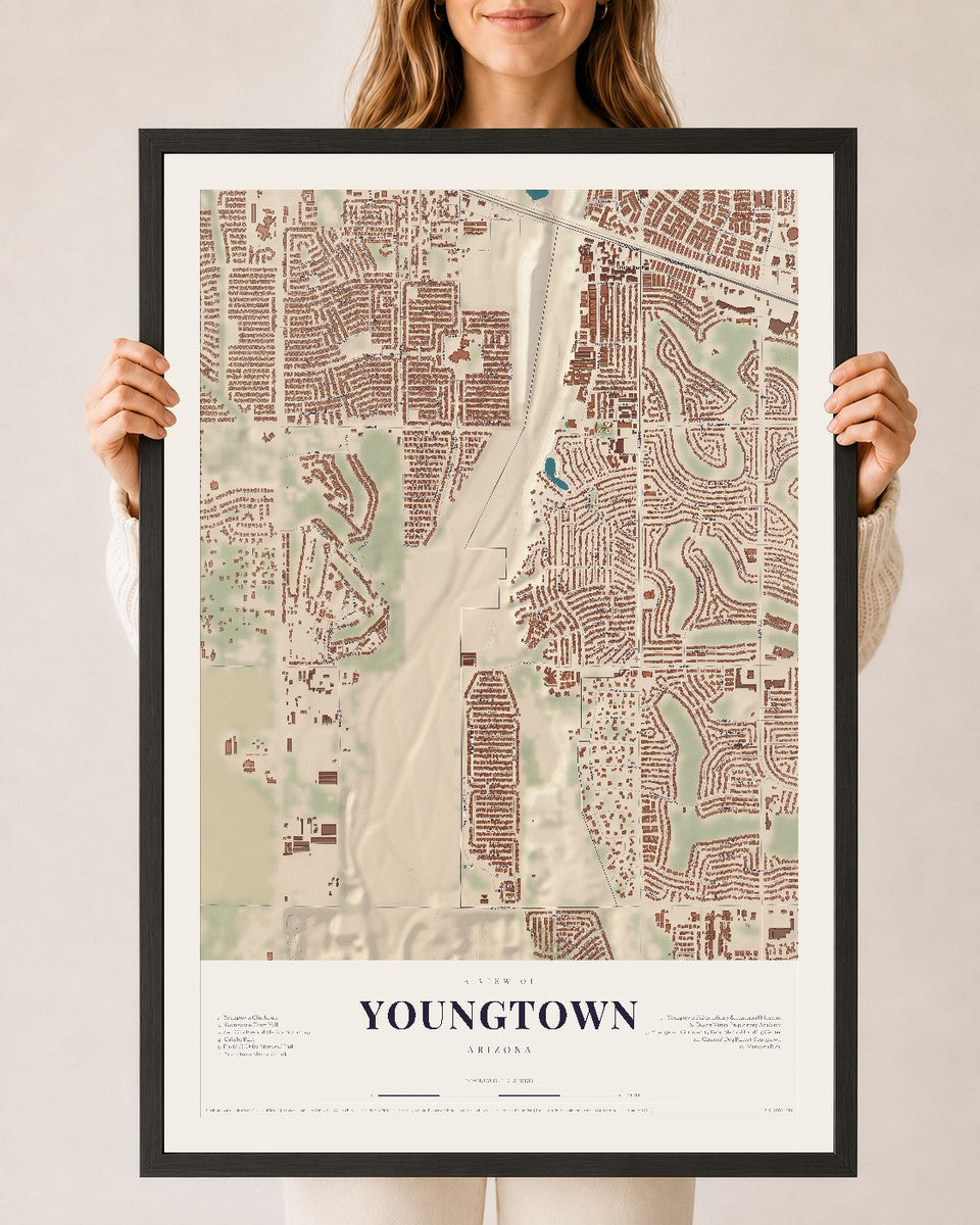 Youngtown, Arizona map print, 24" x 36", W/ Black Ayous Wood Frame