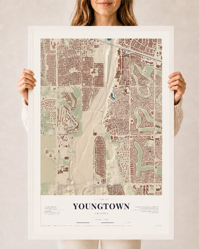 Youngtown, Arizona map print, 24" x 36", W/ White Ayous Wood Frame