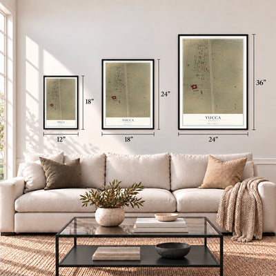 Yucca, Arizona map in 12 x 18, 18 x 24 and 24 x 36 inch sizes above a sofa
