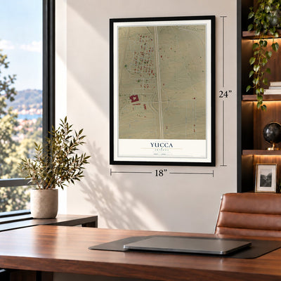 Yucca, Arizona map, 18 x 24 inch print in a black frame in a home office