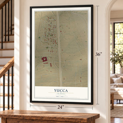 Yucca, Arizona map, 24 x 36 inch print in a black frame by a staircase