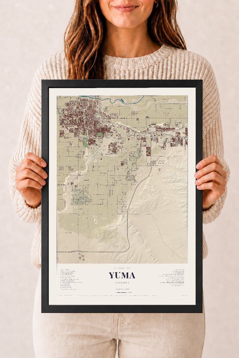 Yuma, Arizona map print, 12" x 18", W/ Black Ayous Wood Frame