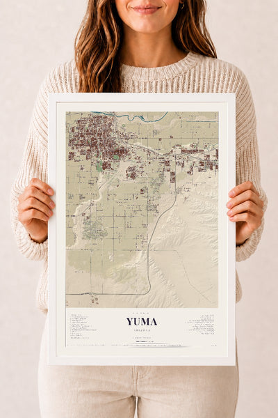Yuma, Arizona map print, 12" x 18", W/ White Ayous Wood Frame