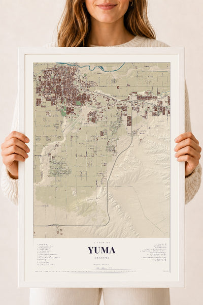 Yuma, Arizona map print, 18" x 24", W/ White Ayous Wood Frame