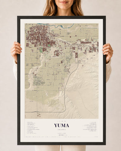 Yuma, Arizona map print, 24" x 36", W/ Black Ayous Wood Frame