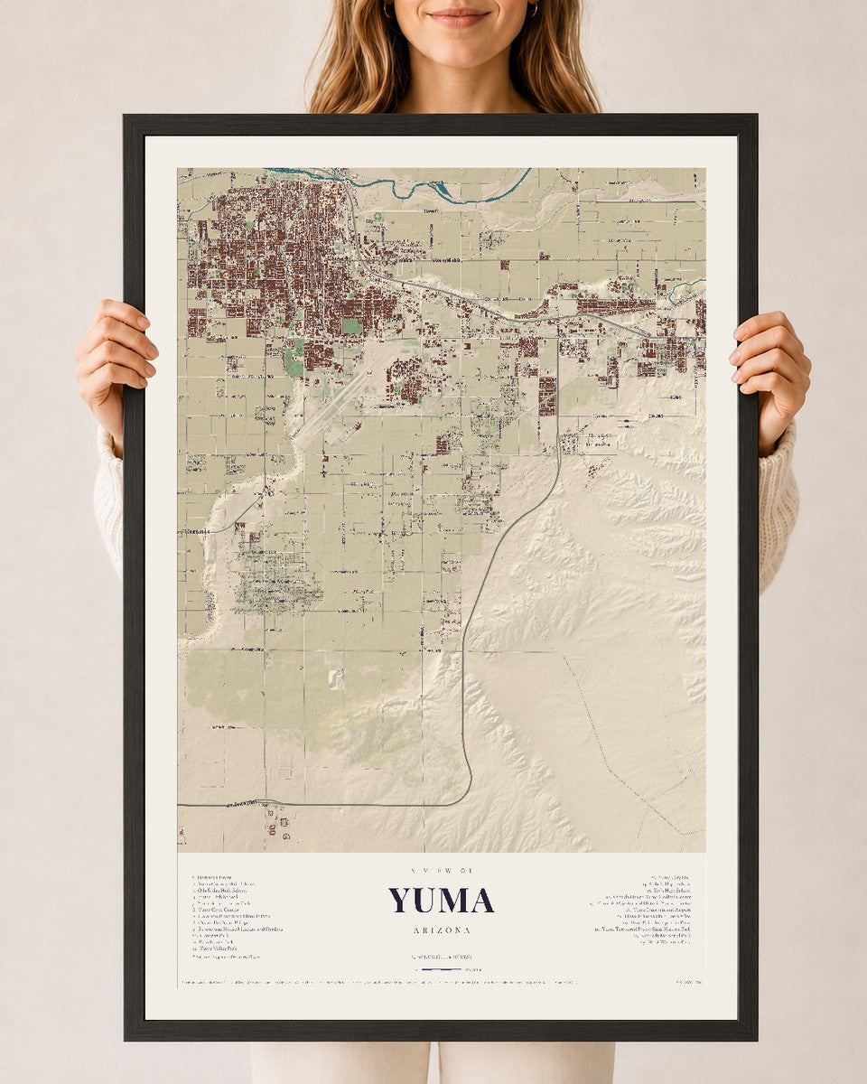 Yuma, Arizona map print, 24" x 36", W/ Black Ayous Wood Frame