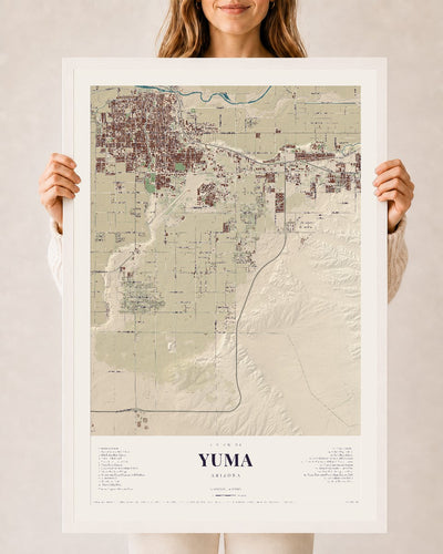 Yuma, Arizona map print, 24" x 36", W/ White Ayous Wood Frame